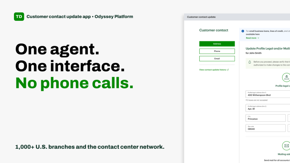Customer contact update app cover — “One agent. One interface. No phone calls.” over the contact update screen